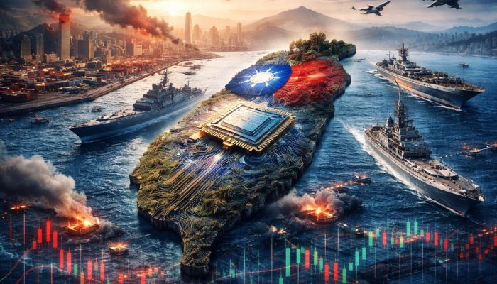 Ilustração mostra a ilha de Taiwan cercada por navios e aviões militares, com um chip gigante no centro, simbolizando a importância dos semicondutores na disputa entre China, Estados Unidos e a economia mundial.